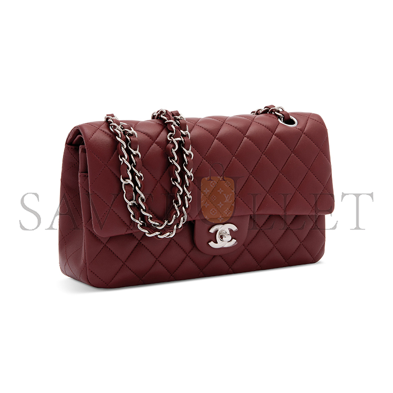 Ch*el master medium classic flap bag with silver hardware burgundy a01112 (25*16*8cm)